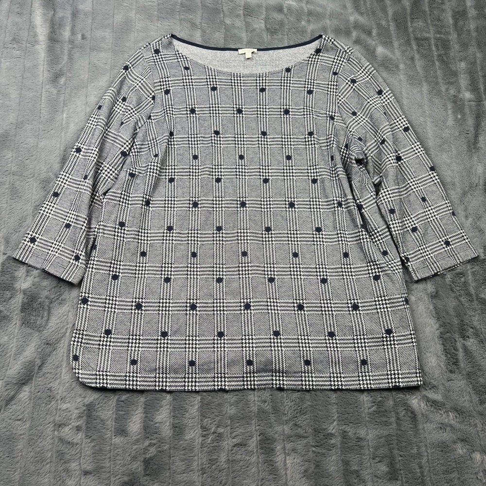 Talbots Plus 2X Navy Blue White Glen Plaid Polka Dot Boat Neck 3/4 Sleeve Top